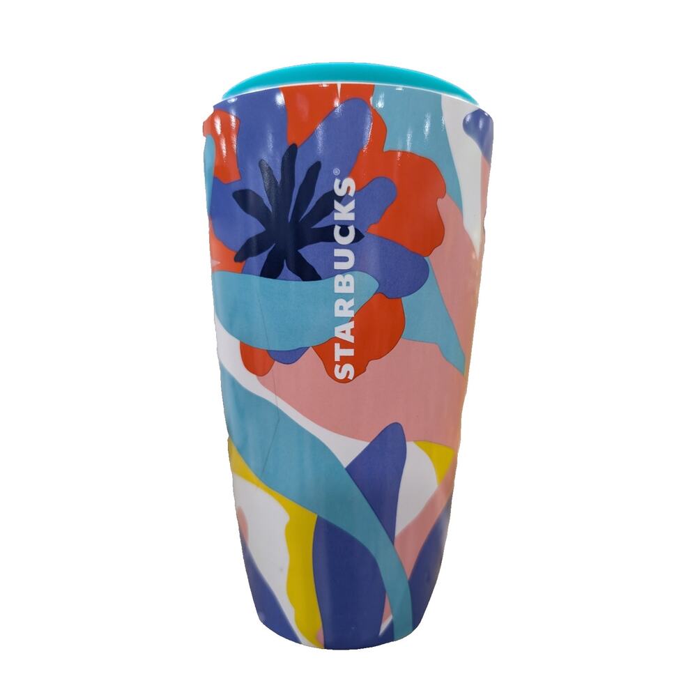 Starbucks 2021 Floral Ceramic Tumbler 12 oz w Lid Colorful Abstract Flowers - Picture 4 of 6